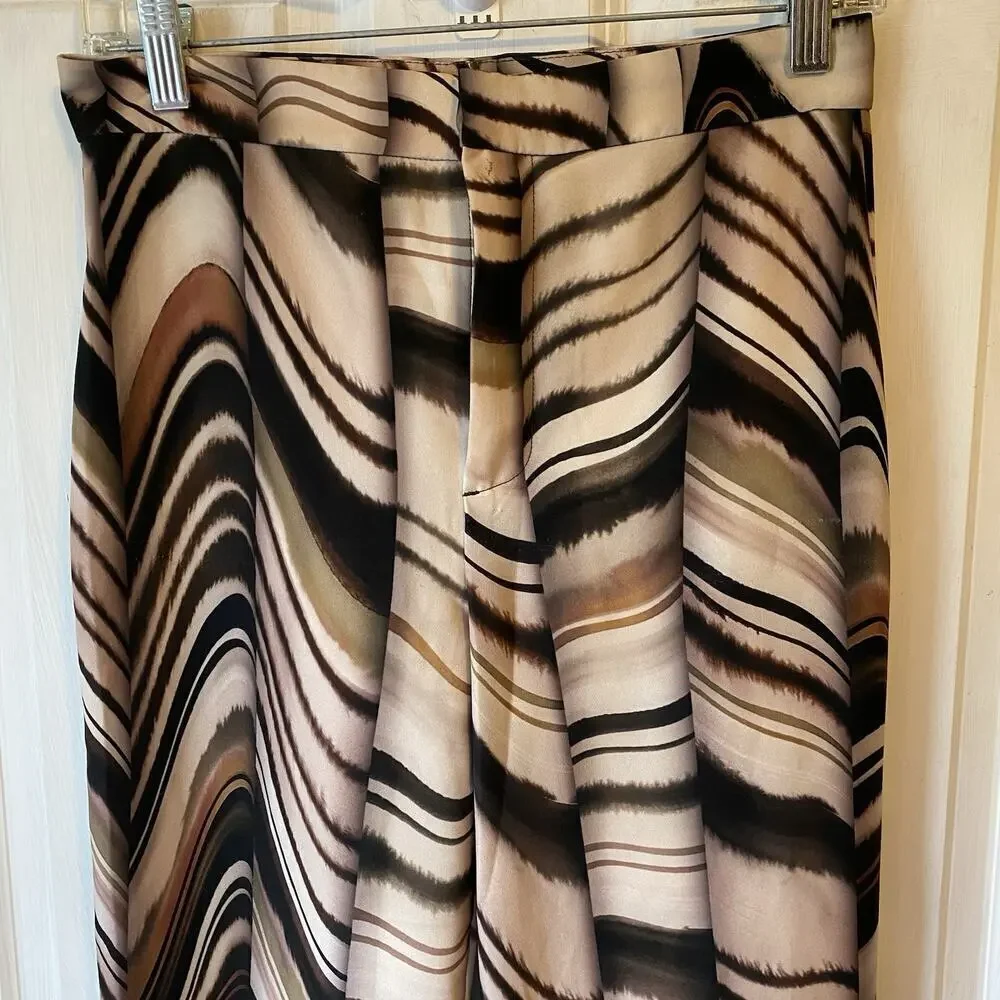 Zara Brown Abstract Print Wide Leg Trouser Dress Pants Women XS Boho Retro Looks